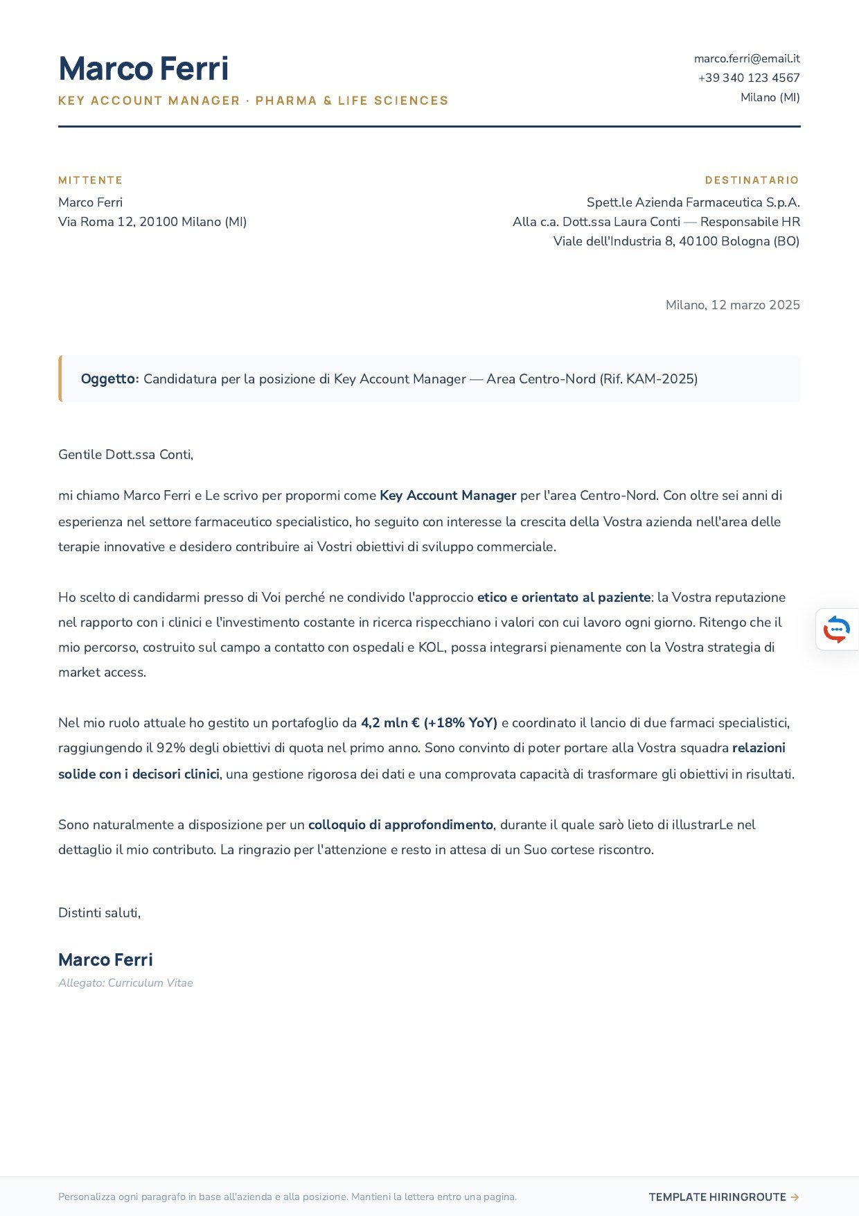 Anteprima Template Lettera Motivazionale — Hiringroute
